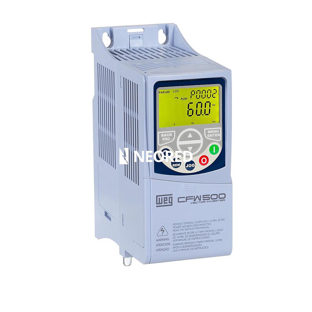 Convertidor de Frecuencia CFW500 Alimentación Monofásica 200-240Vca- In: 4,3A - Pot. 1hp - Tamaño A - Sin Frenado Incluido - CFW500 A 04P3 S2 NB20 G2