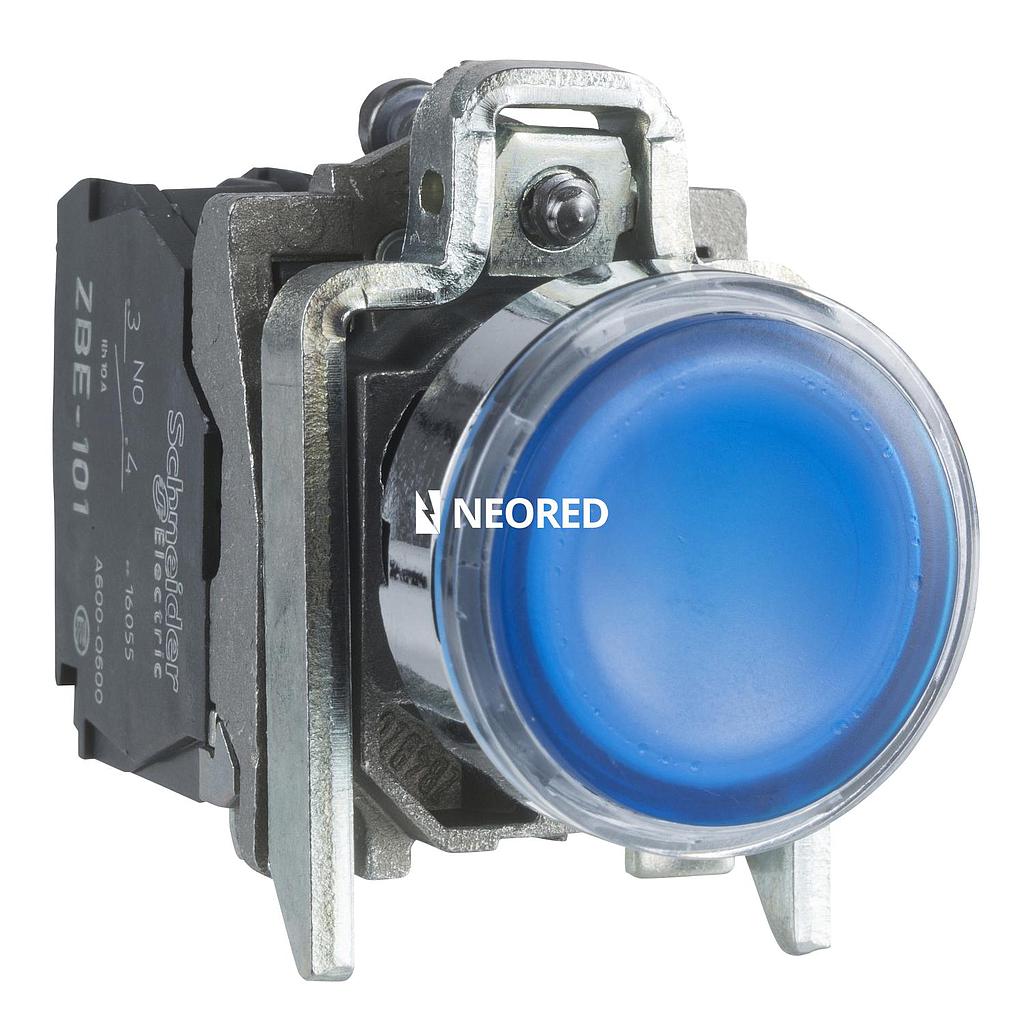 Pulsador luminoso, metálico, Azul, 1NA+1NC, led 24VAC/DC