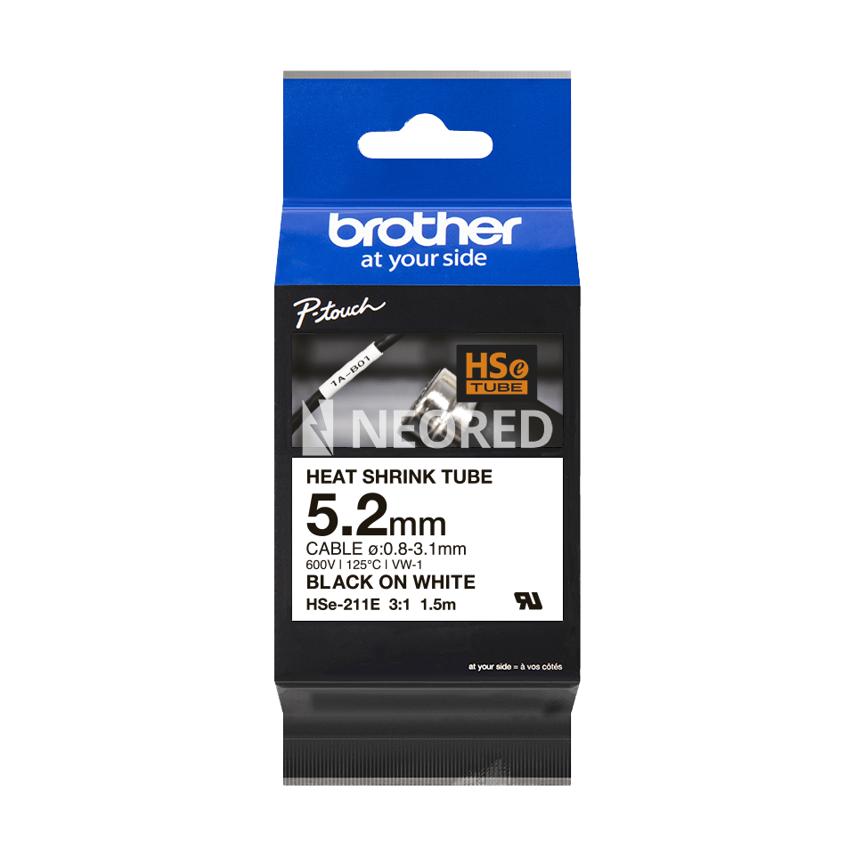 Cinta tubo termocontraibles para cables. Texto negro sobre fondo blanco. Ancho: 5,2mm. Longitud: 1,5m. Cable recomendado: ø 0,8mm a 3,1mm.