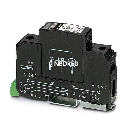Descargador de sobretensiones tipo 2, compuesto por elemento de base con contacto de indicación remota (FM) y protección enchufable con descargador de arco de corriente suma N-PE, para montaje sobre NS 35/7,5, anchura de la carcasa: 17,5 mm (1UD)