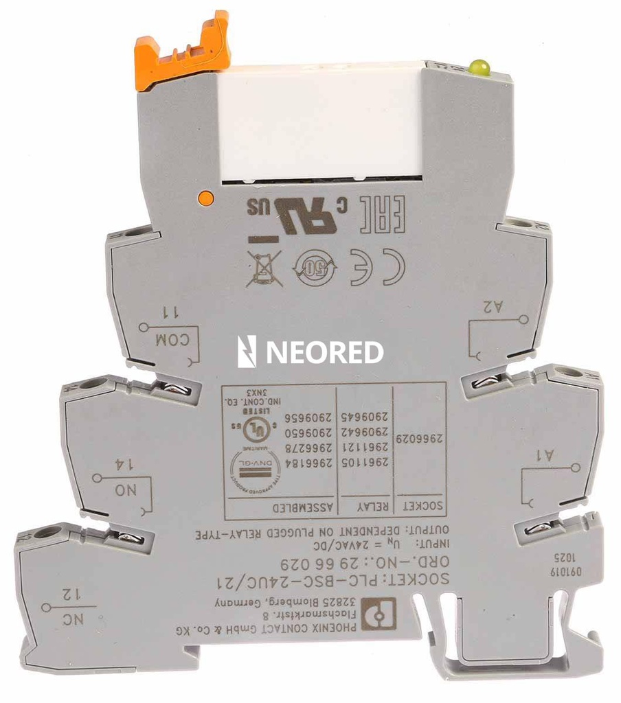 Borne de base PLC de 6,2 mm con conexión por tornillo, sin equipamiento de relé o relé de estado sólido, para montar sobre carril NS 35/7,5, 1 contacto conmutado, tensión de entrada 24 V AC/DC