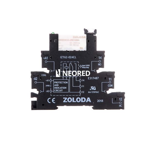 Interface electrom. 6, 2mm. tornillo 1 cont. inv. Ent: 24 VCC (+A1-A2)  Sal: 250 Volt 1x6 A, relé 24VCC. IZET62-024CL-024CO-2501I06