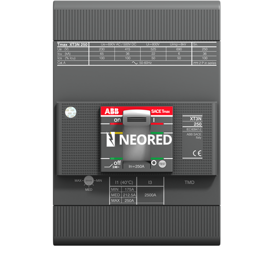 Interruptor Tmax XT tripolar In = 250A - Icu = 36kA, Ics = 75% Icu @ 380VCA 