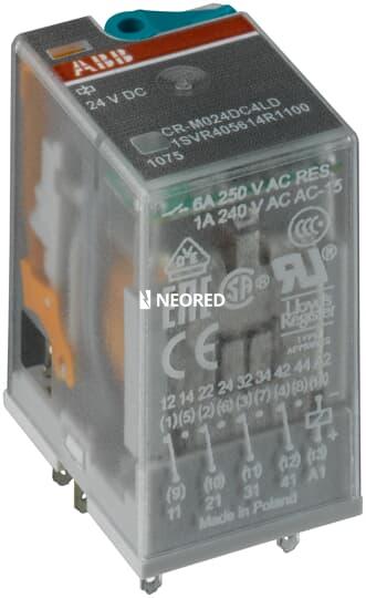 Rele enchufable, Alimentación 24 VDC Cont 4 INV, 250 V/6A