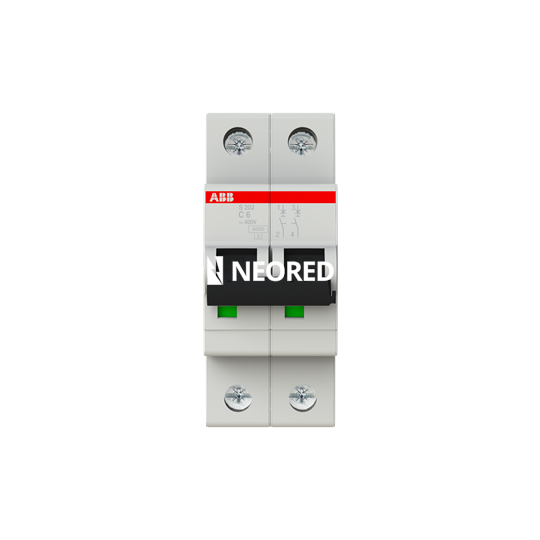 Interruptor termomagnético bipolar In 6A. Icn = 6kA @ IEC60898 Icu : 10 kA @ IEC60947-2. Curva C