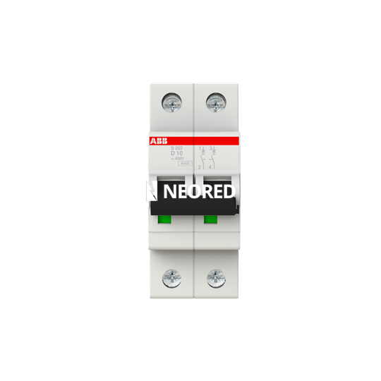 Interruptor termomagnético bipolar In 10A. Icn = 6kA @ IEC60898 Icu : 10 kA @ IEC60947-2. Curva D