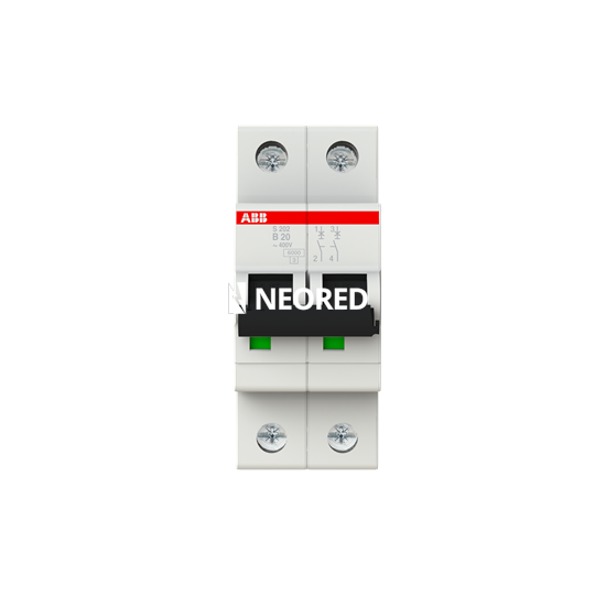 Interruptor termomagnético bipolar In 20A. Icn = 6kA @ IEC60898 Icu : 10 kA @ IEC60947-2. Curva B