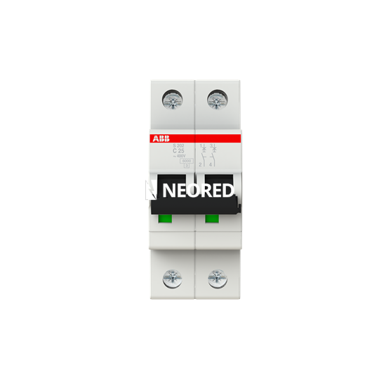 Interruptor termomagnético bipolar In 25A. Icn = 6kA @ IEC60898 Icu : 10 kA @ IEC60947-2. Curva C