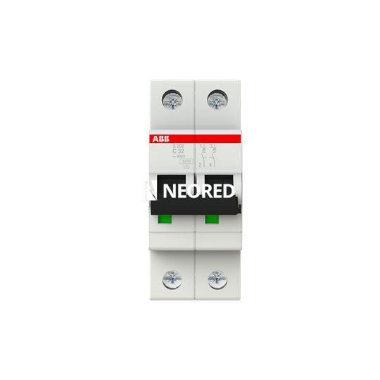 Interruptor termomagnético bipolar In 32A. Icn = 6kA @ IEC60898 Icu : 10 kA @ IEC60947-2. Curva C