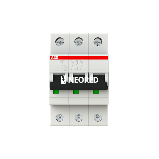 Interruptor termomagnético tripolar In 6A. Icn = 6kA @ IEC60898 Icu : 10 kA @ IEC60947-2. Curva C