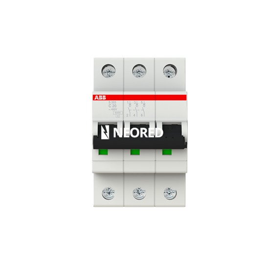 Interruptor termomagnético tripolar In 20A. Icn = 6kA @ IEC60898 Icu : 10 kA @ IEC60947-2. Curva C