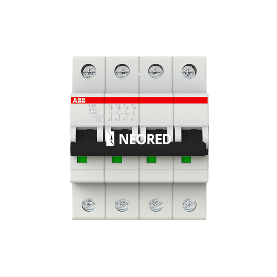 Interruptor termomagnético tetrapolar In 10A. Icn = 6kA @ IEC60898 Icu : 10 kA @ IEC60947-2. Curva B