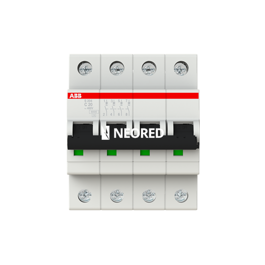 Interruptor termomagnético tetrapolar In 20A. Icn = 6kA @ IEC60898 Icu : 10 kA @ IEC60947-2. Curva C