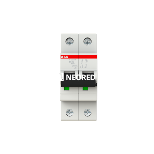 Interruptor termomagnético bipolar In 25A. Icn = 10kA @ IEC60898 Icu :  15 kA @ IEC60947-2  Curva B