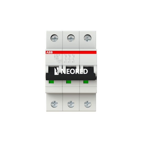 Interruptor termomagnético tripolar In 25A. Icn = 10kA @ IEC60898 Icu :  15 kA @ IEC60947-2  Curva B