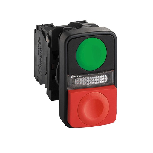 [SCHXB5AW73731M5] Pulsador Doble Verde Rasante/Rojo Saliente, luminoso, plástico, 1NA+1NC, led 230VAC