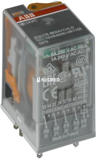 [ABB1SVR405613R3100] Rele enchufable, Alimentación 220 VAC Cont 4 INV, 250 V/6A