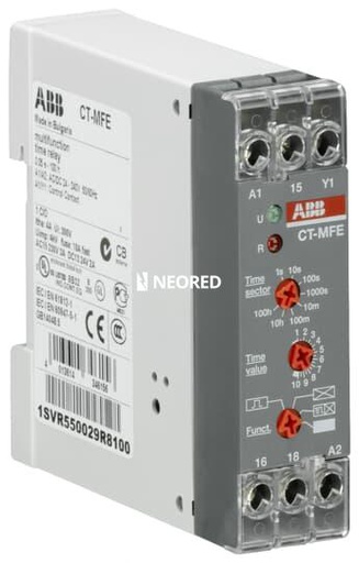 [ABB1SVR550029R8100] Dis-Timer Multifunción (Retardo conexión/desconexión con V.aux., impulso conexión/desconexión con V.aux , intermitente, pulso anterior) 8 rangos de tiempo (0,05 s - 100 h) - 1 INV , 2 led 0,05 s - 100 h 24-240 Vca/Vcc