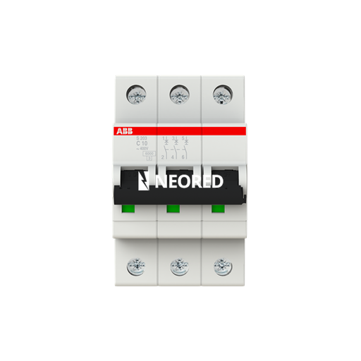 [ABB2CDS253001R0104P] Interruptor termomagnético tripolar In 10A. Icn = 6kA @ IEC60898 Icu : 10 kA @ IEC60947-2. Curva C