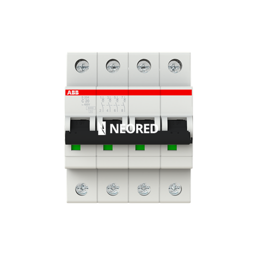 [ABB2CDS254001R0204P] Interruptor termomagnético tetrapolar In 20A. Icn = 6kA @ IEC60898 Icu : 10 kA @ IEC60947-2. Curva C